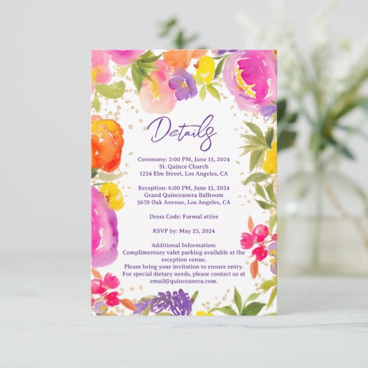 Roze zomerbloemendetails waterverf Quinceanera Informatiekaartje (Staand voorkant)