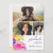 Roze zomerbloemenfoto's waterverf afstuderen kaart (Achterkant)