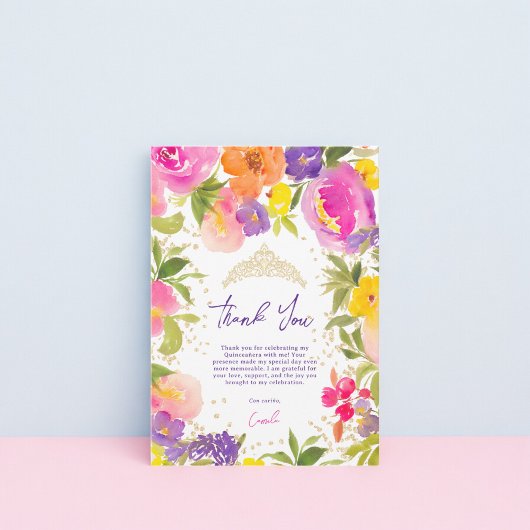 Roze zomerbloemengoud waterverf Quinceanera Bedankkaart