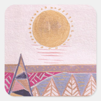 Roze zomerlandschap, folkart, waterverf vierkante sticker