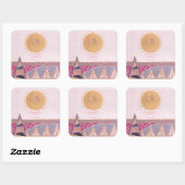 Roze zomerlandschap, folkart, waterverf vierkante sticker (Vel)