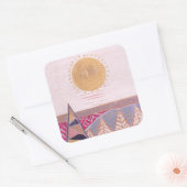 Roze zomerlandschap, folkart, waterverf vierkante sticker (Envelop)