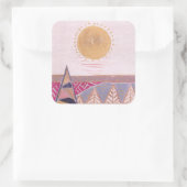 Roze zomerlandschap, folkart, waterverf vierkante sticker (Tas)