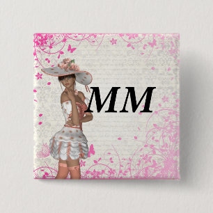 Roze zomermeisje vierkante button 5,1 cm