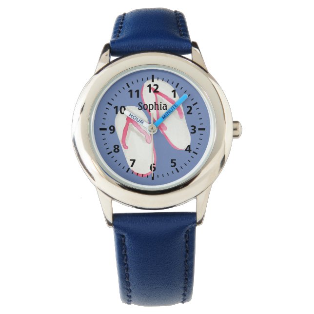 Roze zomerse Teenslippers op Blauw Gepersonaliseer Horloge (Voorkant)