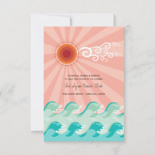 Roze Zon & Aqua Golven Strand Bruiloft Ontvangstka Kaart