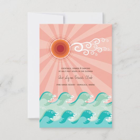 Roze zon & Aqua Waves Beach Wedding Reception Kaar Kaart (Voorkant)