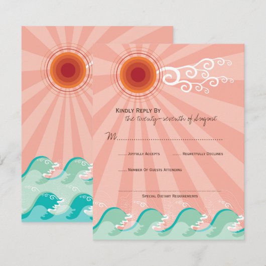 Roze zon en Aqua Blue Waves Summer Beach Weddensch RSVP Kaartje (Voorkant / Achterkant)