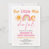 Roze Zon Regenboog Miss Onederful 1e Verjaardag Kaart (Voorkant)