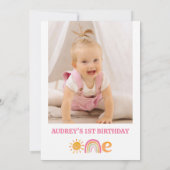 Roze Zon Regenboog Miss Onederful 1e Verjaardag Kaart (Achterkant)