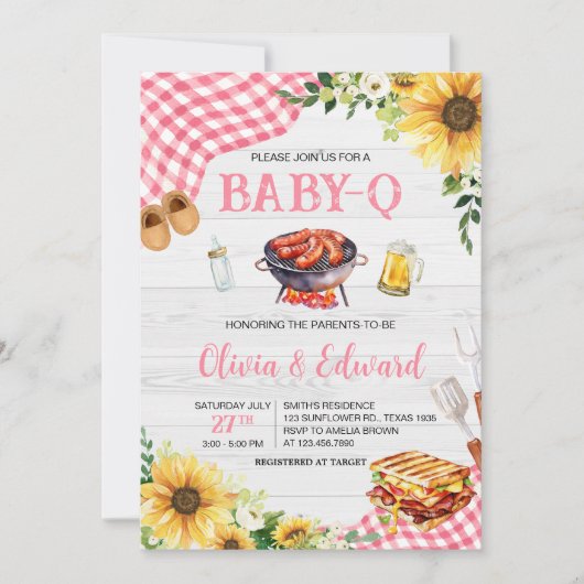 Roze Zonnebloem BBQ Baby shower Kaart (Voorkant)