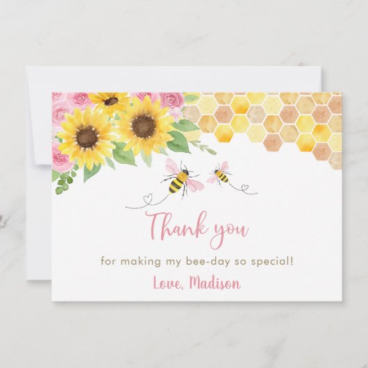 Roze Zonnebloem Bijen Verjaardag Dank u kaart (Voorkant)