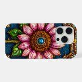Roze zonnebloem met edelsteen details iPhone hoesje (Achterkant horizontaal)