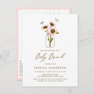 Roze Zonnebloemen in een Mason Jar Baby Brunch Uitnodiging Briefkaart