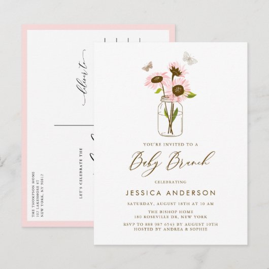 Roze Zonnebloemen in een Mason Jar Baby Brunch Uitnodiging Briefkaart (Voorkant / Achterkant)