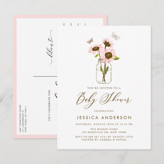 Roze zonnebloemen in het Baby shower Mason Jar Uitnodiging Briefkaart (Voorkant / Achterkant)