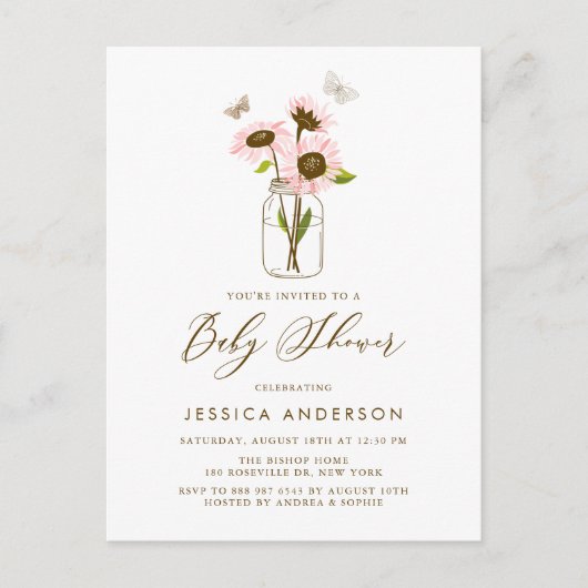 Roze zonnebloemen in het Baby shower Mason Jar Uitnodiging Briefkaart (Voorkant)
