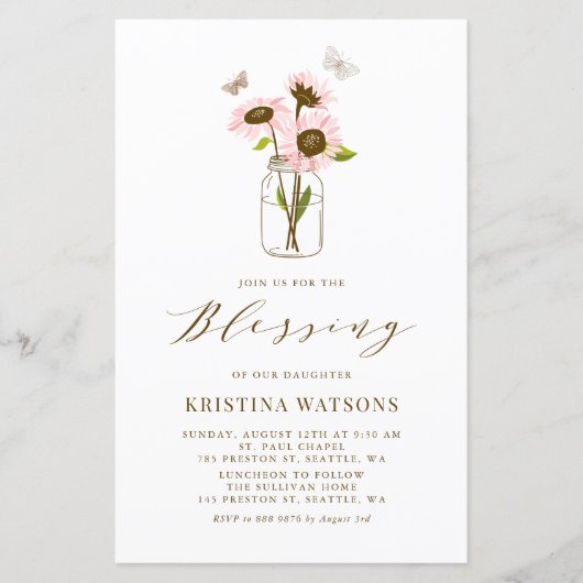 Roze Zonnebloemen in Mason Jar Baby Blessing Invit (Voorkant)