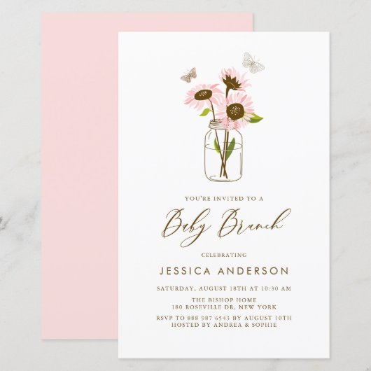Roze Zonnebloemen in Mason Jar Baby Brunch Invite (Voorkant / Achterkant)