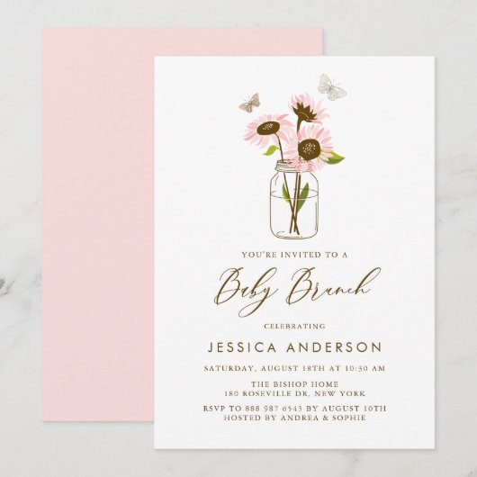 Roze Zonnebloemen in Mason Jar Baby Brunch Kaart (Voorkant / Achterkant)
