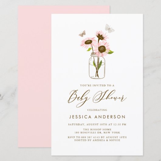 Roze zonnebloemen in Mason Jar Baby shower Invite (Voorkant / Achterkant)