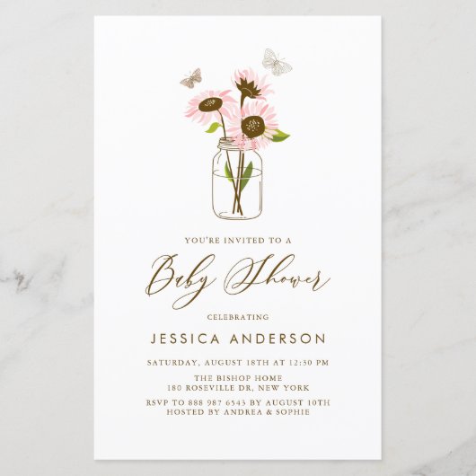 Roze zonnebloemen in Mason Jar Baby shower Invite (Voorkant)