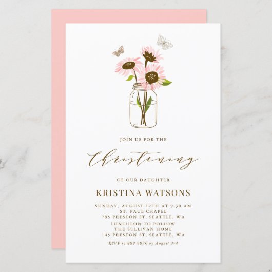 Roze zonnebloemen in Mason Jar Christening Invite (Voorkant / Achterkant)