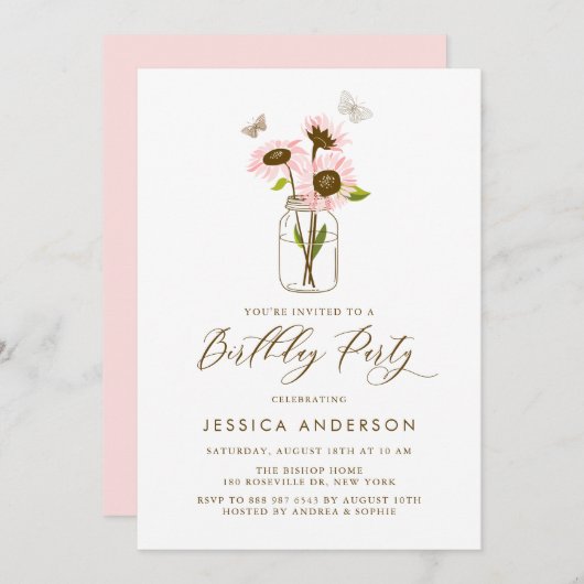 Roze Zonnebloemen in Mason Jar Verjaardagsfeest Kaart (Voorkant / Achterkant)