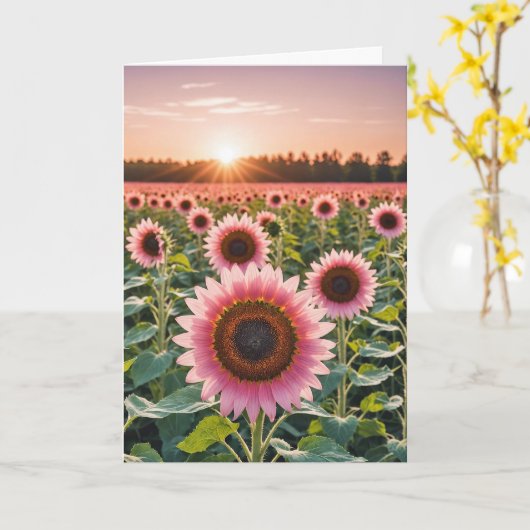 Roze zonnebloemveld met zonneschijn sympathie kaart (Gele Bloem)