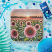 Roze Zonnebloemveld Papieren Bordje (Feest)