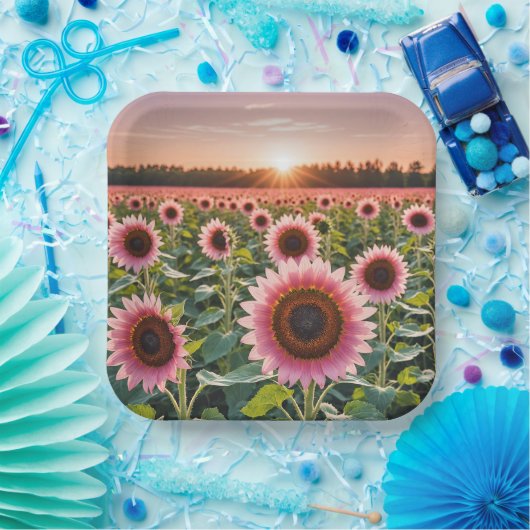 Roze Zonnebloemveld Papieren Bordje (Feest)