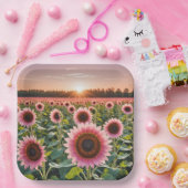 Roze Zonnebloemveld Papieren Bordje (Feest)