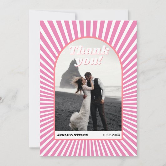 Roze zonnestralen retro groovy 70s geïnspireerd hu bedankkaart (Voorkant)