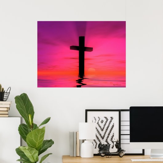 Roze zonnevaste Christelijke cross-art afdrukken Poster (Thuiskantoor)