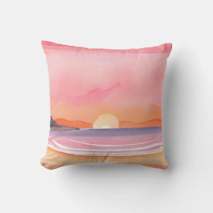 Roze zonsondergang   Aquarel strand lucht schilder Kussen