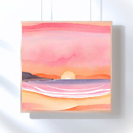 Roze zonsondergang | Aquarel strand lucht schilder Poster