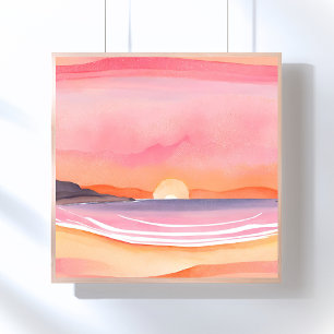 Roze zonsondergang   Aquarel strand lucht schilder Poster