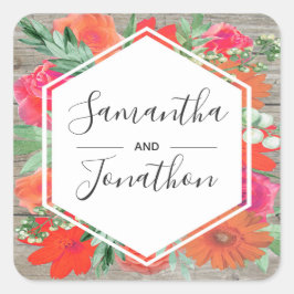 Roze Zonsondergang Bloom Bloemen Lijst Bruiloft Vierkante Sticker