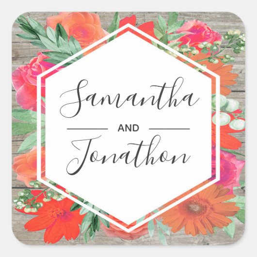 Roze Zonsondergang Bloom Bloemen Lijst Bruiloft Vierkante Sticker (Voorkant)
