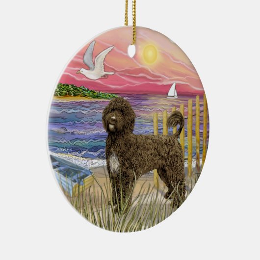 Roze Zonsondergang - Bruine Portugese Waterhond Keramisch Ornament (Rechts)