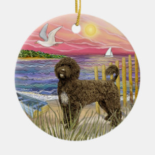 Roze Zonsondergang - Bruine Portugese Waterhond Keramisch Ornament