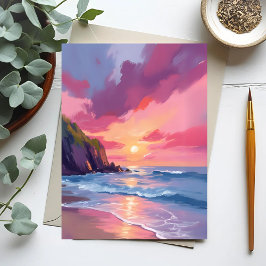 Roze Zonsondergang Oceaan Strand Golven Aquarel Briefkaart