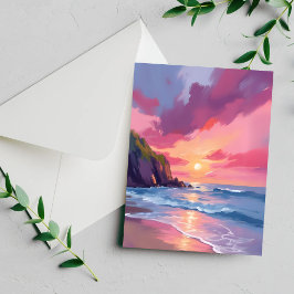 Roze Zonsondergang Oceaan Strand Golven Aquarel Ka