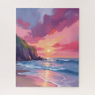 Roze Zonsondergang Oceaan Strand Golven Aquarel Legpuzzel