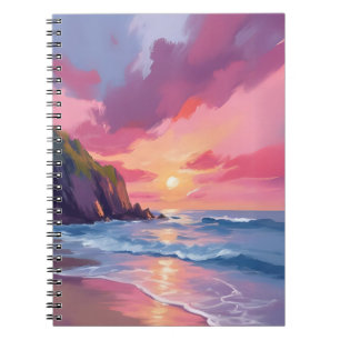 Roze Zonsondergang Oceaan Strand Golven Aquarel Notitieboek