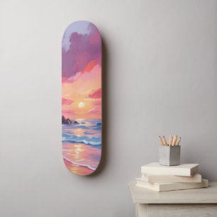 Roze Zonsondergang Oceaan Strand Golven Aquarel Persoonlijk Skateboard