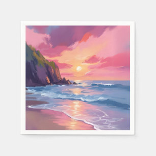 Roze Zonsondergang Oceaan Strand Golven Aquarel Servet