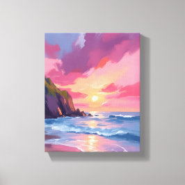 Roze Zonsondergang Oceaan Strandgolven Aquarel Canvas Afdruk