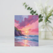 Roze Zonsondergang Oceaan Strandgolven Aquarelkaar (Staand voorkant)