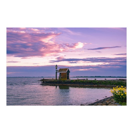 Roze zonsondergang over het meer foto afdruk (Voorkant)